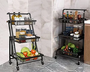 3 Tier Trolley Portable Kitchen Storage Rack Metal Stand - Black