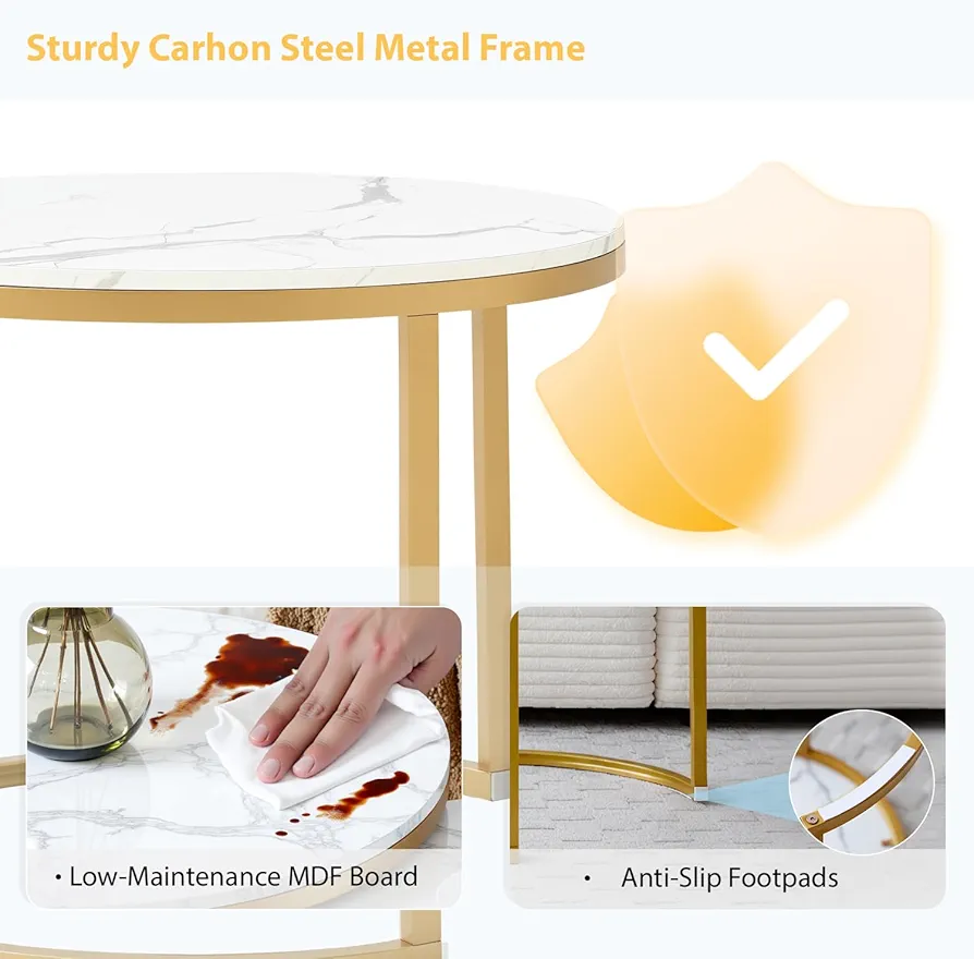 Set of 2 Modern Round Coffee Tables With  Marble Tabletop - White/Gold