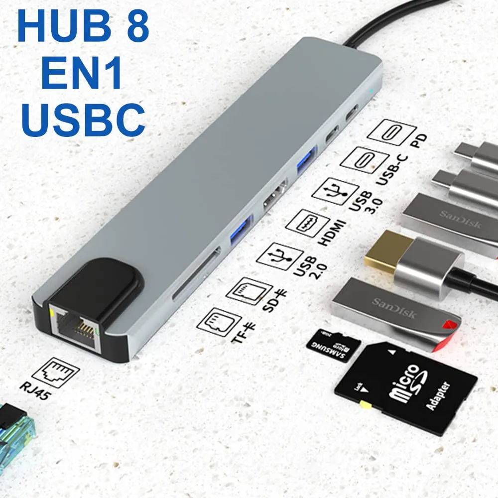 8-in-1 Type-C HUB Converter & Docking Station – 4K HDMI, USB 3.0, PD, SD/TF, RJ45 Multi-Function Adapter – Grey