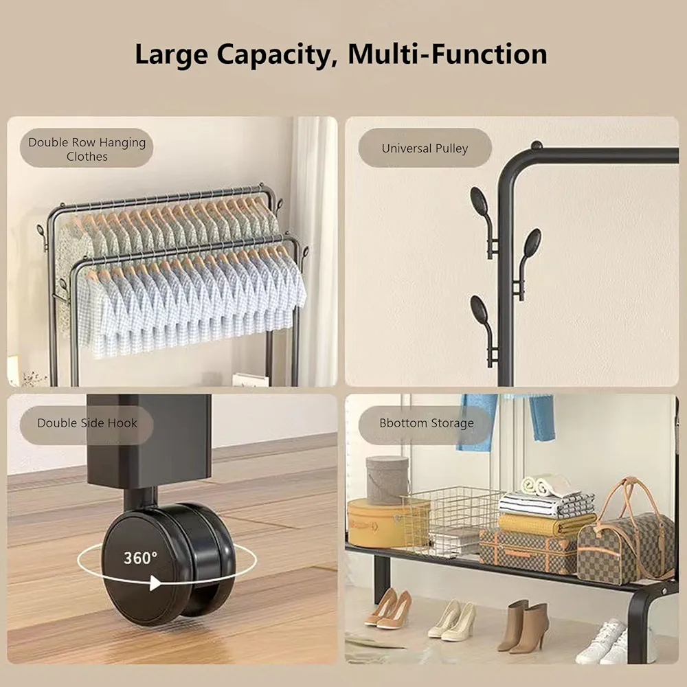 Metallic Clothes Organizer Rack With Integrated Shelving And Caster Wheels