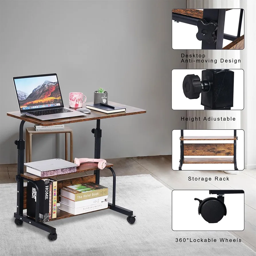 Adjustable Laptop Table Side Table with Wheels, Bedside Table - Brown