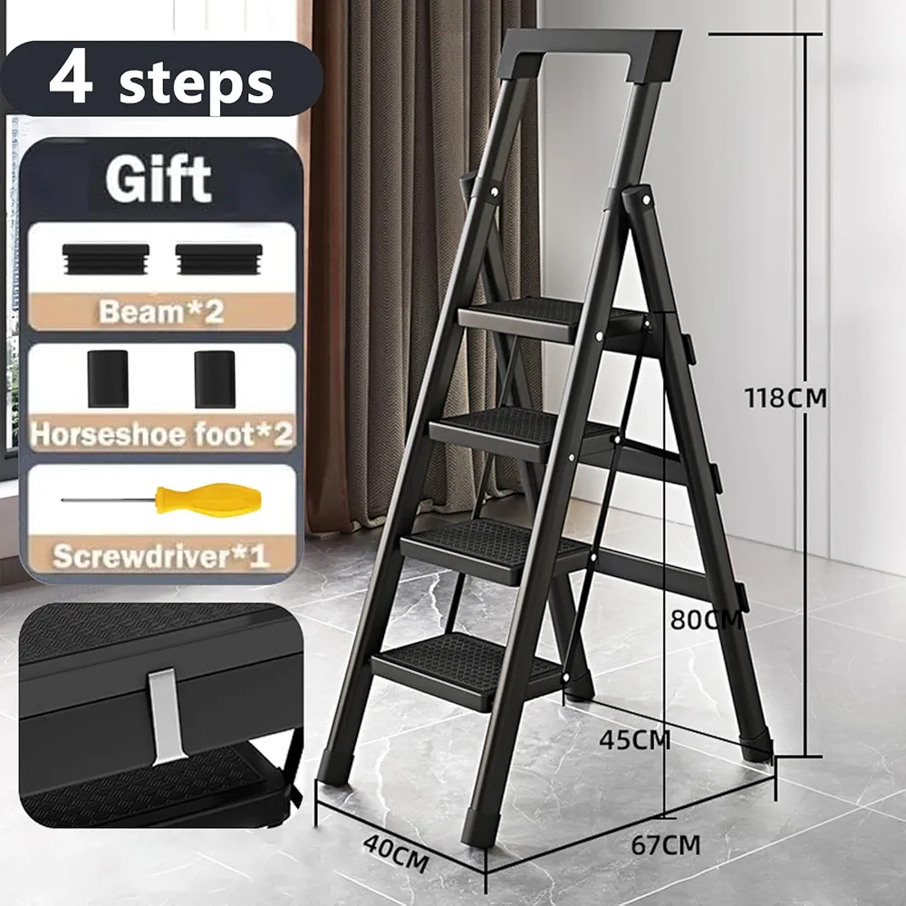 Portable Square Head Ladder for Multi-Purpose, Home, Kitchen, Heavy Sturdy Steel Step Stool with Anti-Slip Wide Pedals, Handrail, Safe-Lock Design, Black