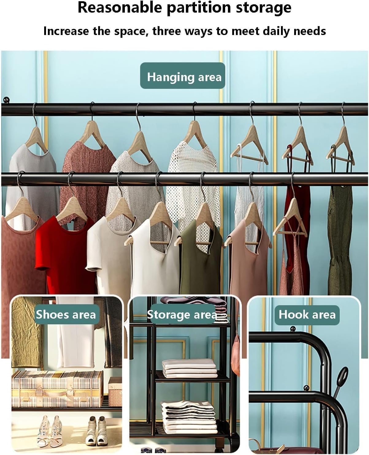Portable Clothes Rack for Bedroom & Balcony with Double Hanging Rails and Shoe Shelves – Black