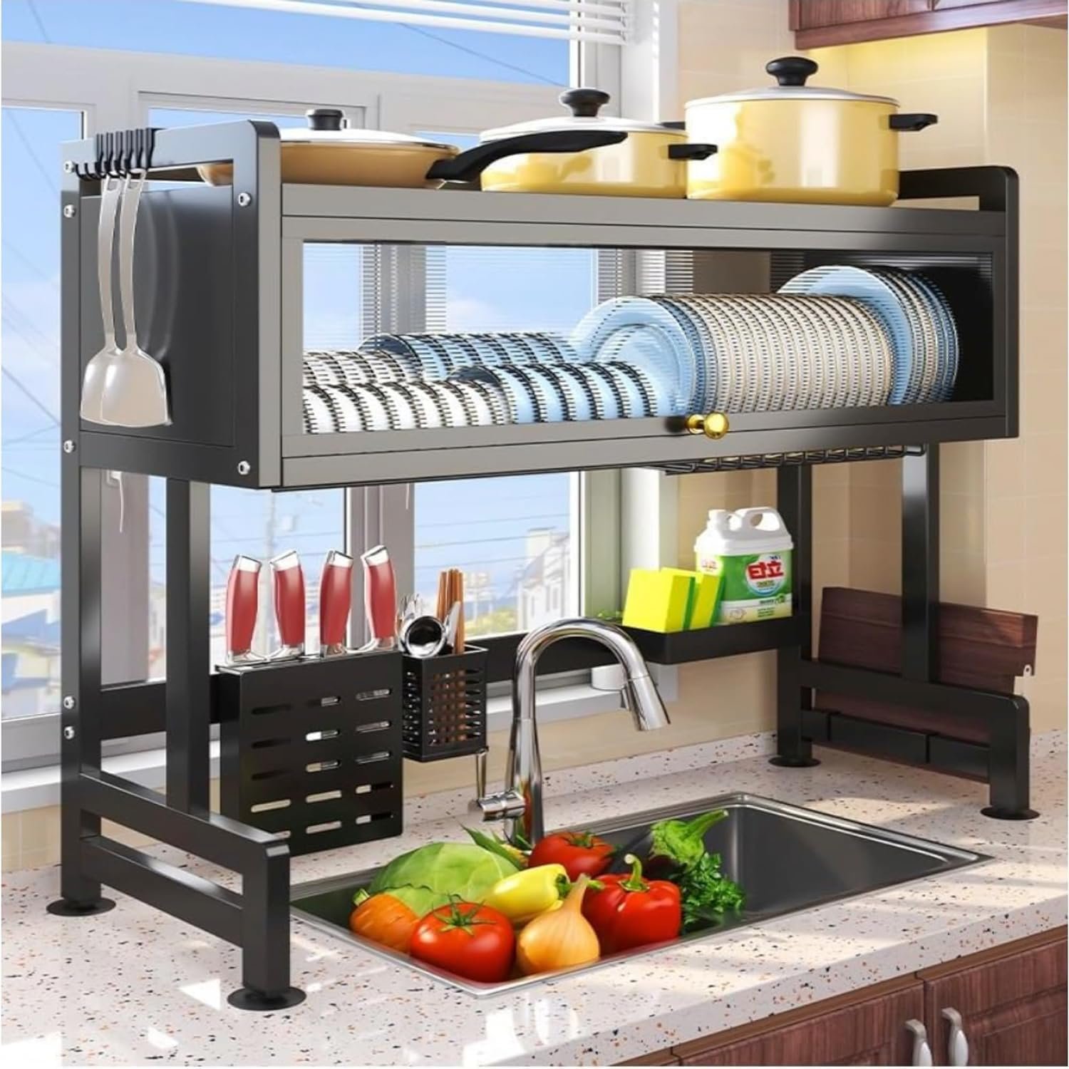 Over The Sink Dish Drying, 3 Tier Metal Over The Counter Dish Drying Rack with Dust-Proof Cabinet, Height Large Drainer with Utensil Holder for Kitchen(Black)