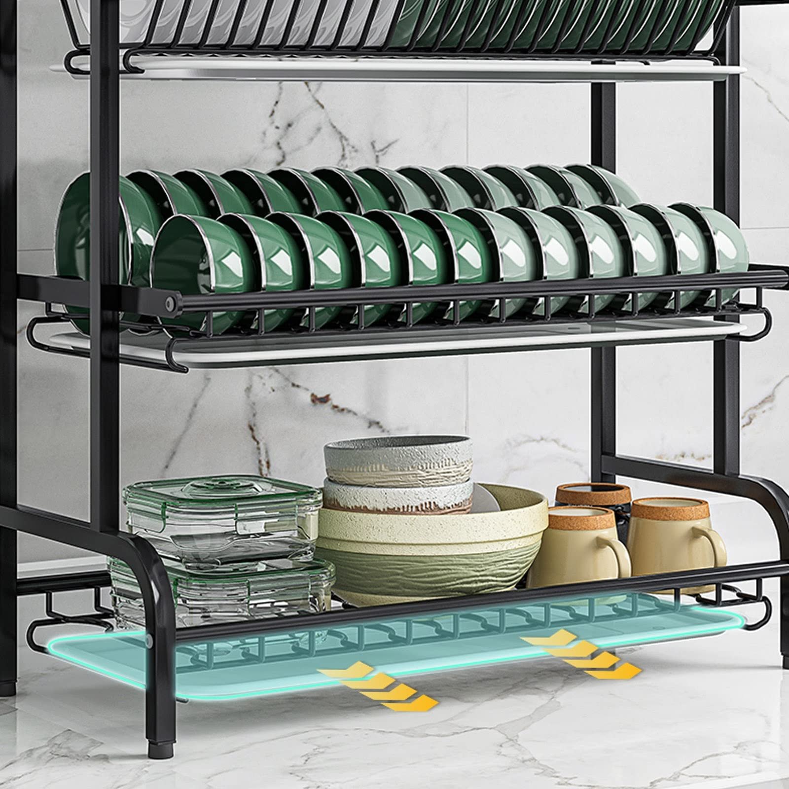 3 Layer Dish Rack Drainer for Utensils & Cutlery - Black