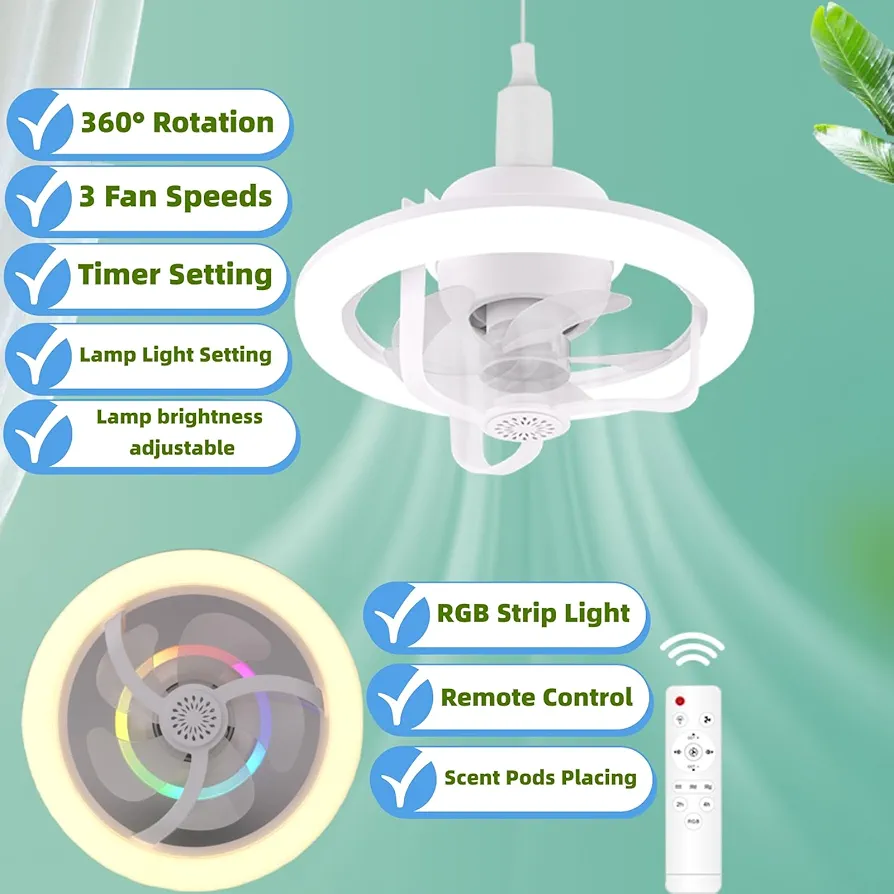 Socket Fan With Light - Dimmable Remote Ceiling Fan With 360 Rotation, RGB Mode, 3 Speeds