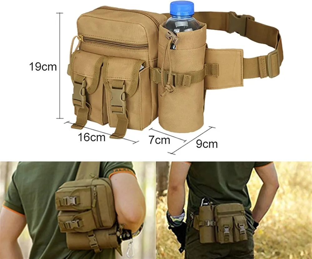 Men Waist Pack Nylon Hiking Water Bottle Phone Pouch - Brown