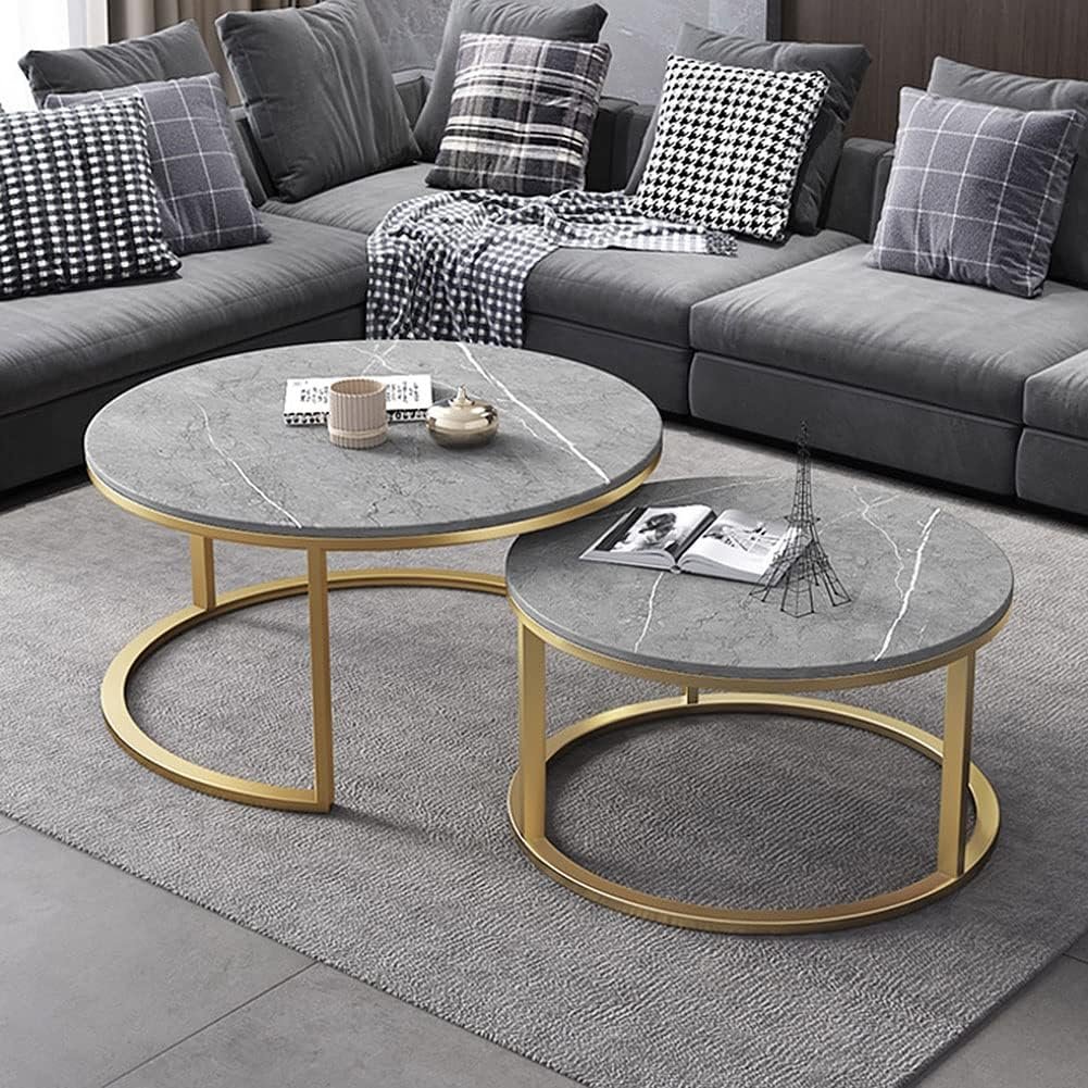 Coffee Table Modern Nesting Side Set of 2 End Table for Living Room Balcony Garden Round Accent Cocktail Table with Faux Marble Top and Metal Frame