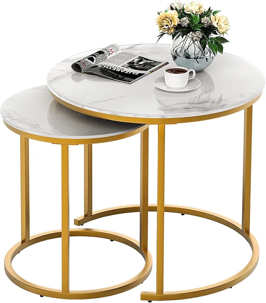 Set of 2 Marble Round Coffee  Center Tables - White/Gold
