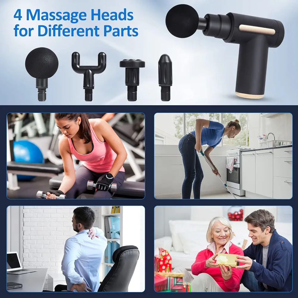 Muscle Massage Gun, Mini Massage Gun Professional Portable with Low Noise Type C Load 6 Speed 4 Massage Heads, Back and Neck Massager