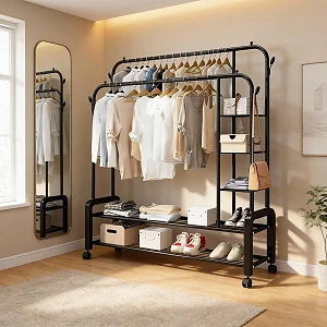 Portable Clothes Rack for Bedroom & Balcony with Double Hanging Rails and Shoe Shelves – Black
