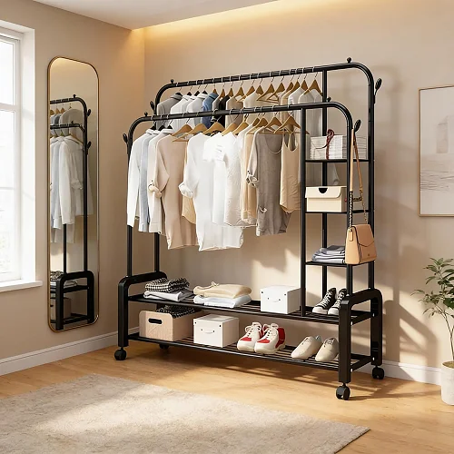 Portable Clothes Rack for Bedroom &amp; Balcony with Double Hanging Rails and Shoe Shelves – Black