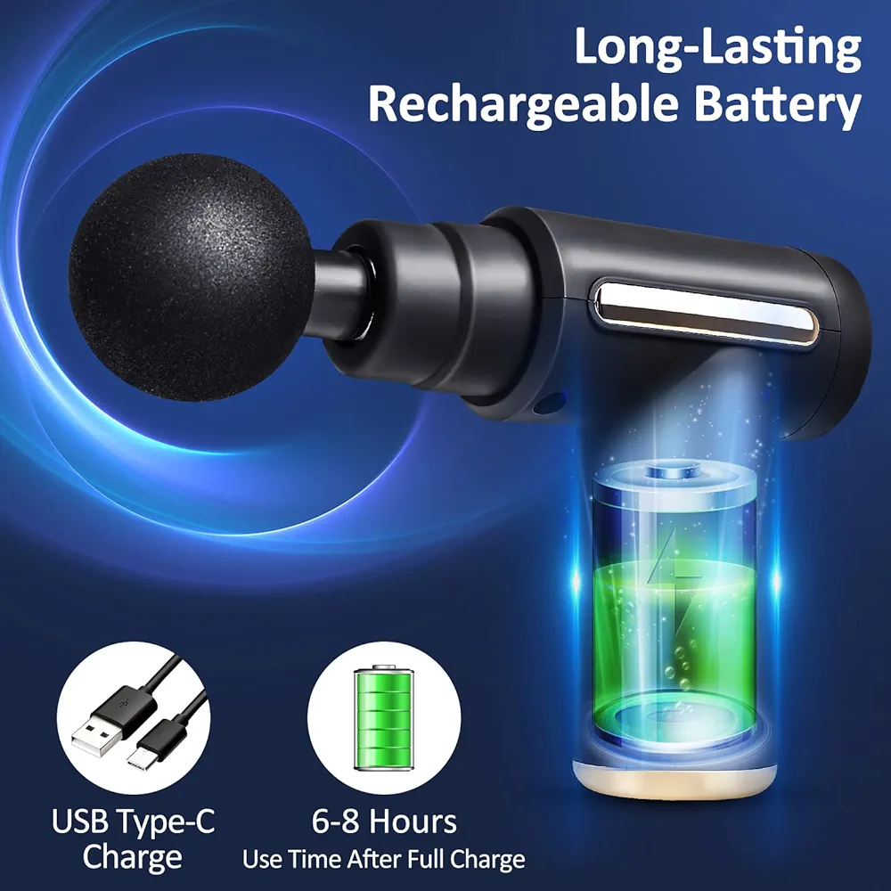Muscle Massage Gun, Mini Massage Gun Professional Portable with Low Noise Type C Load 6 Speed 4 Massage Heads, Back and Neck Massager