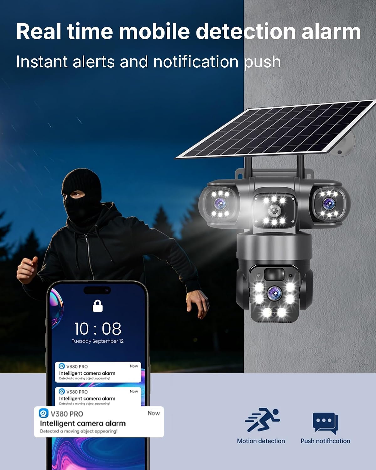 4G Simcard Solar Camera Outdoor 3 Lens 3 Screen CCTV with Solar Panel & V380 Pro