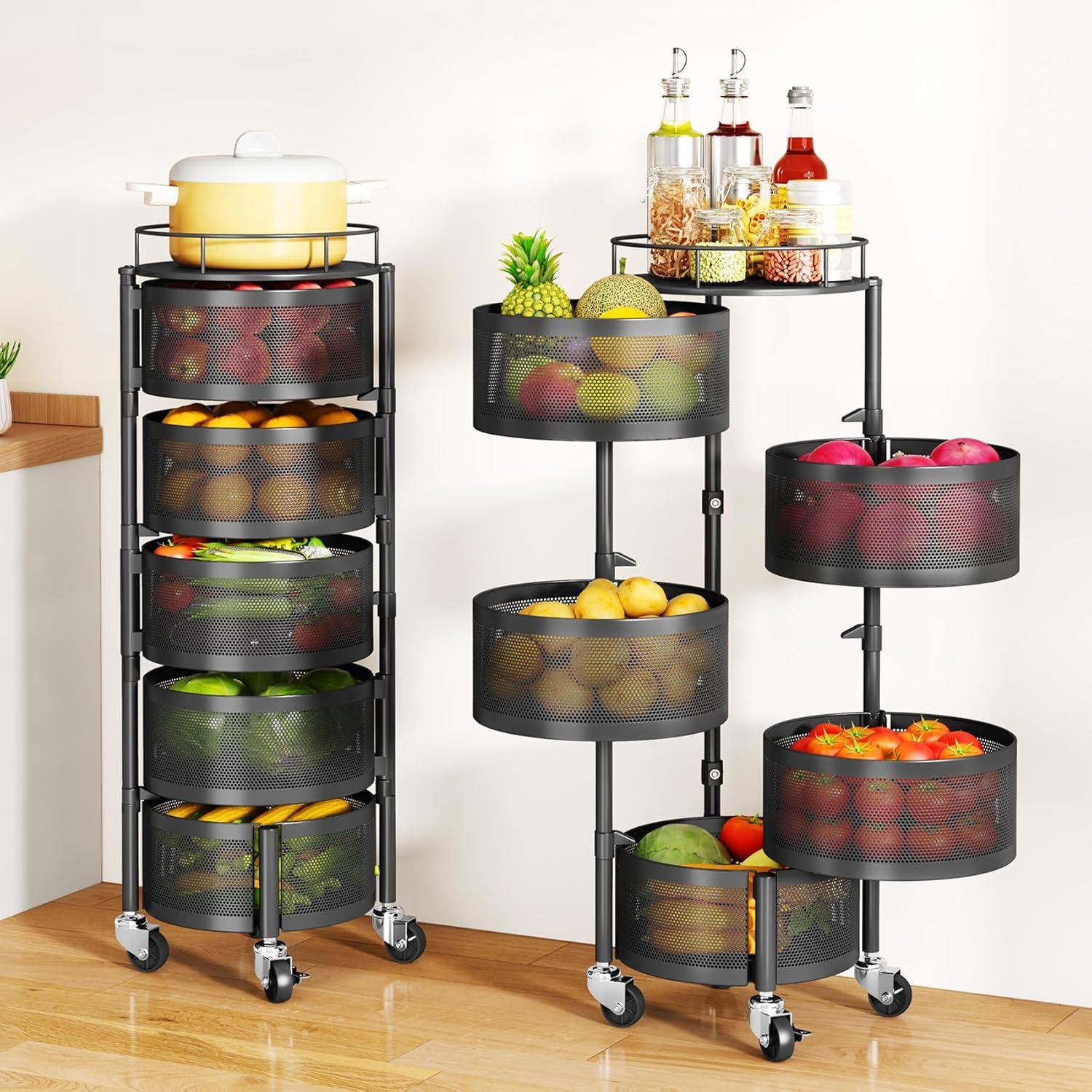 5 Tier Fruit Vegetable Basket for Kitchen, Rotating Storage Rack