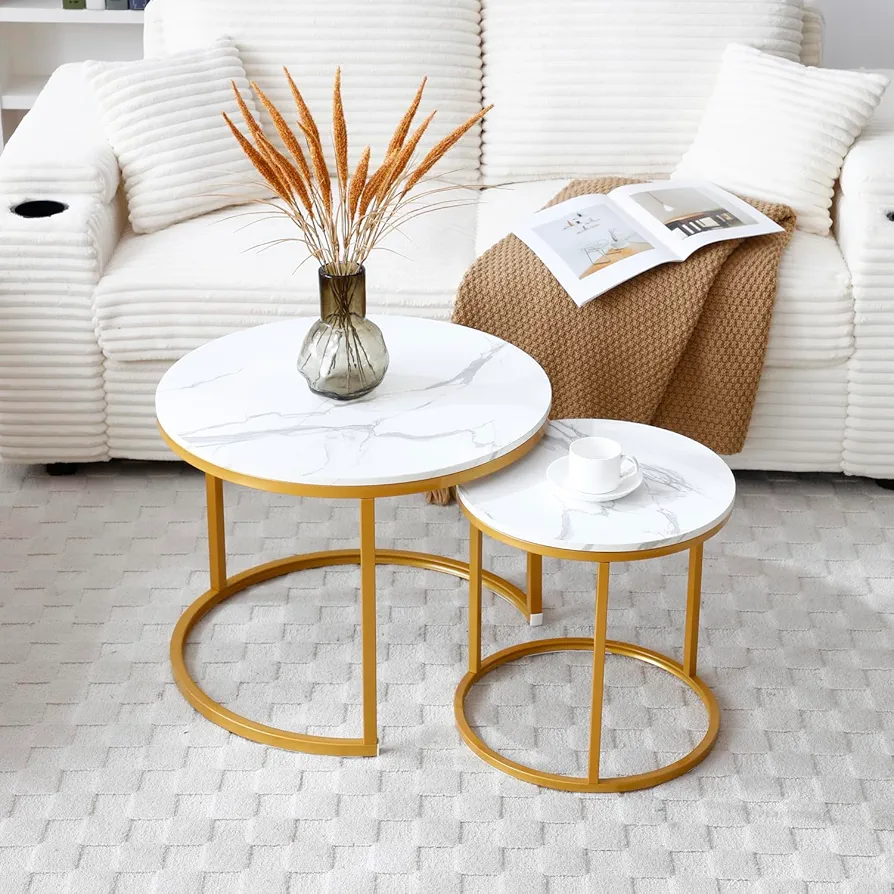 Set of 2 Modern Round Coffee Tables With  Marble Tabletop - White/Gold