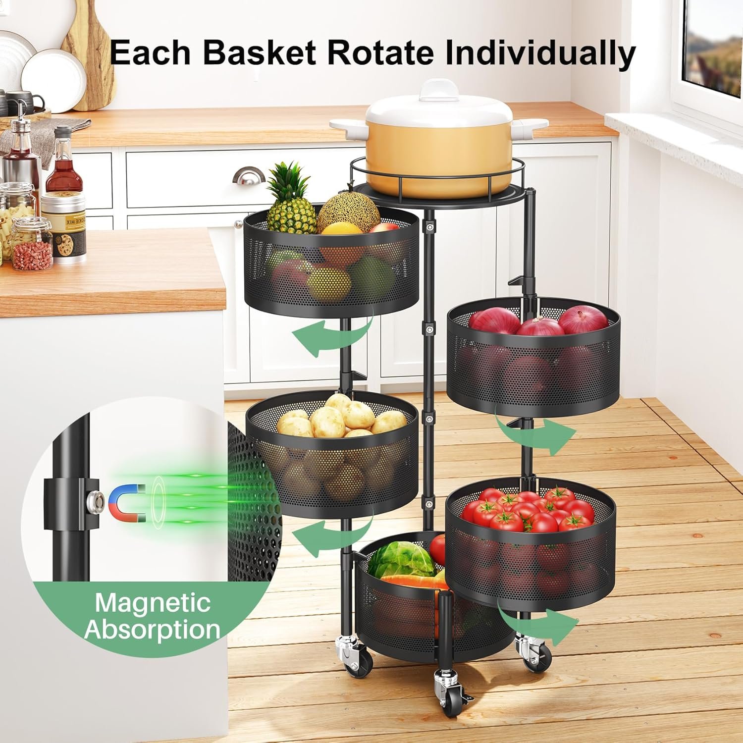 5 Tier Fruit Vegetable Basket for Kitchen, Rotating Storage Rack - Black