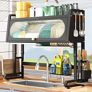 Over The Sink Dish Drying, 3 Tier Metal Over The Counter Dish Drying Rack with Dust-Proof Cabinet, Height Large Drainer with Utensil Holder for Kitchen(Black)