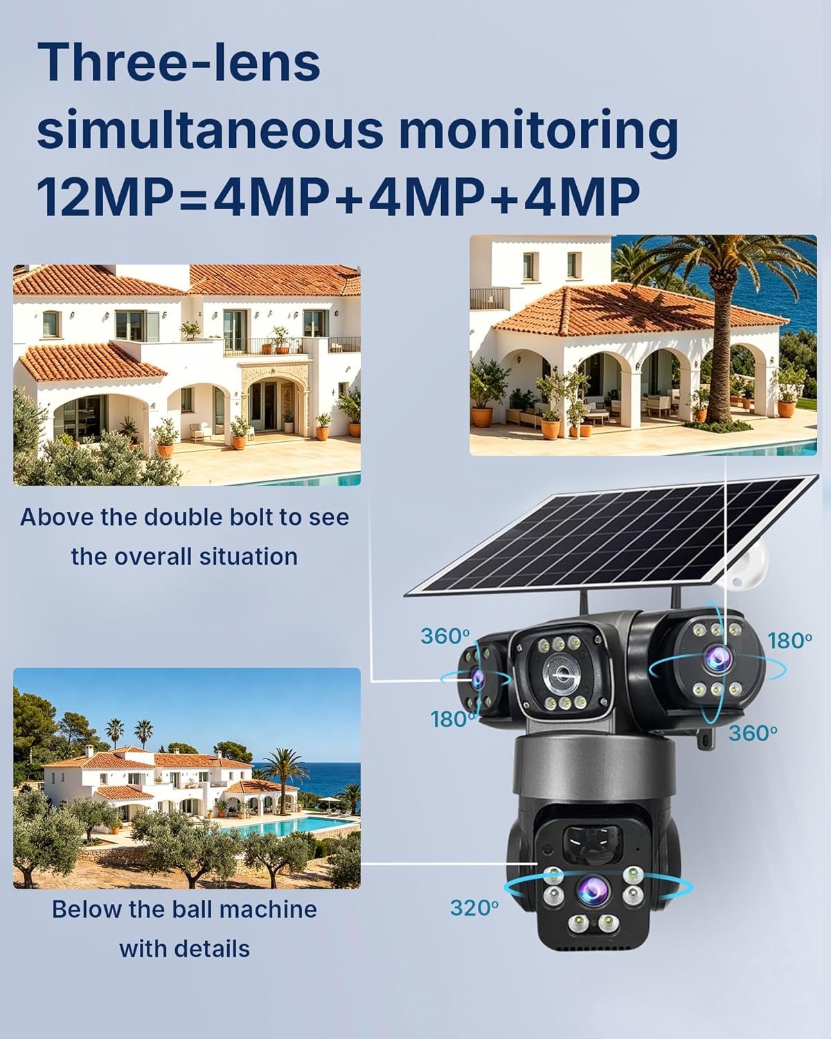 4G Simcard Solar Camera Outdoor 3 Lens 3 Screen CCTV with Solar Panel & V380 Pro