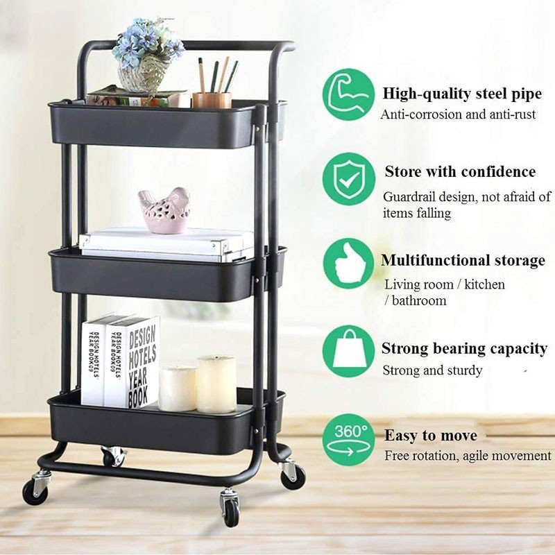 3 Tier Movable Trolley Kitchen Rack Organizer - Black