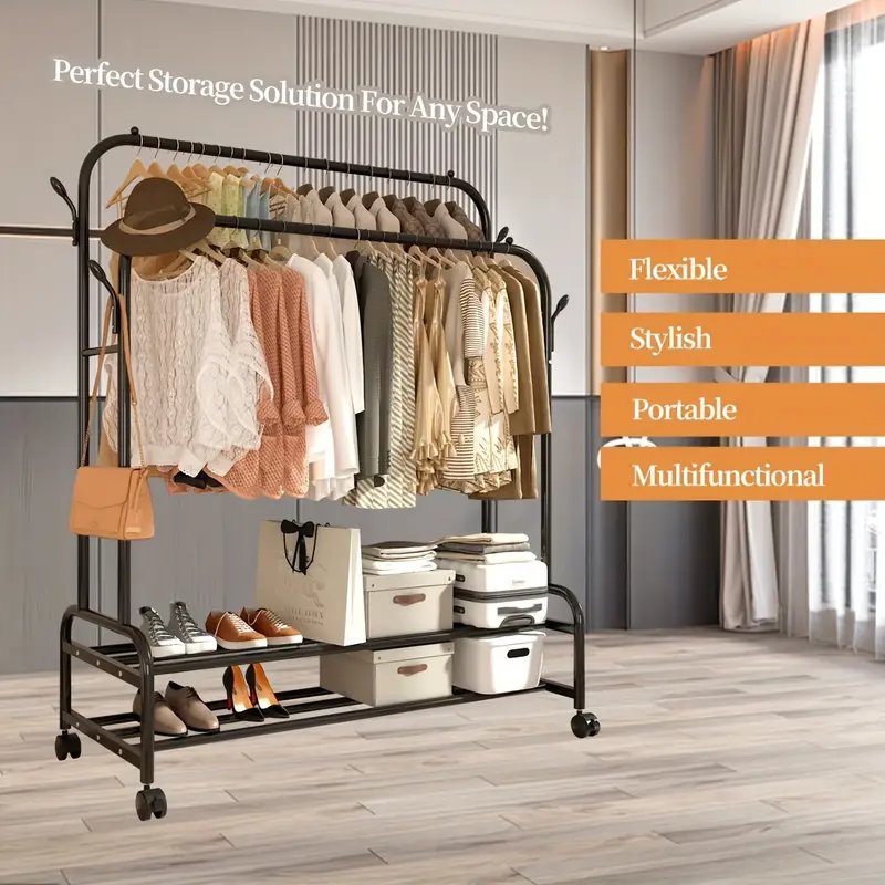 double -rail clothes garment rack with storage shelvels and wheels
