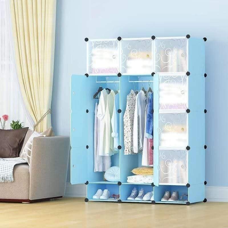 3 Column Portable Plastic Wardrobe With Shoe Rack Row- Blue