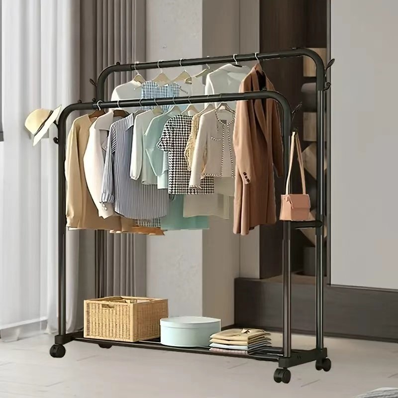double -rail clothes garment rack with storage shelvels and wheels