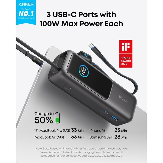 Anker Power Bank 25,000mAh 165W with 3 USB-C Ports & Retractable Cable