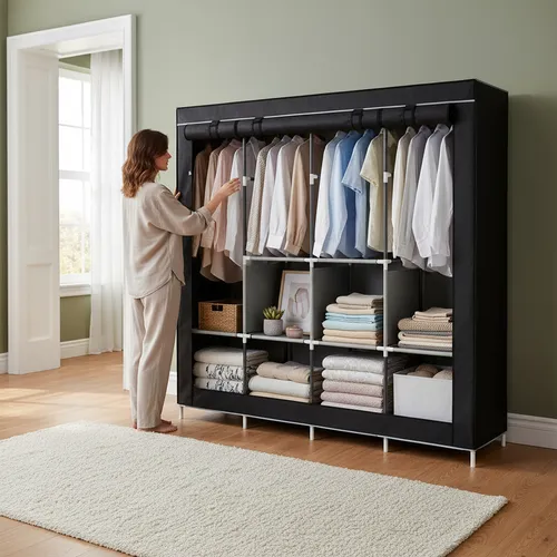 4 Columns Clothes Bags Fabric Steel Wadrobe Storage Organizer Closet-Multicolor