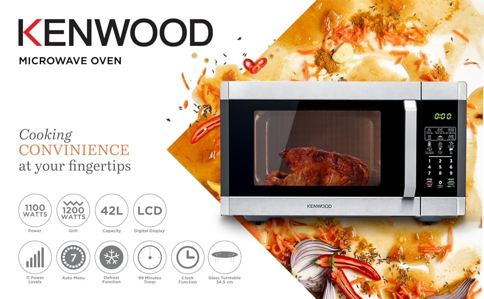 42L Kenwood Microwave Oven with Grill, Digital Display, 5 Power Levels, Defrost Function, Stainless Steel, Auto Menu, 99 Minutes Timer, Clock Function 1100W - Black/Silver