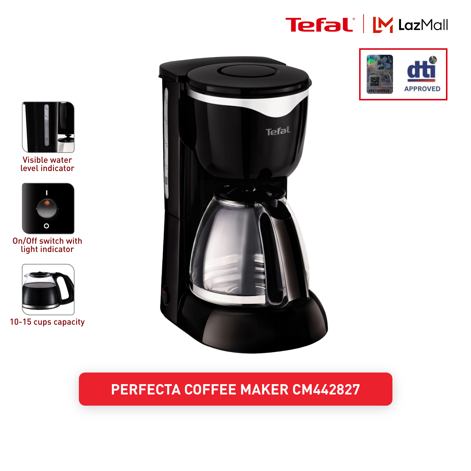 Tefal Filter Coffee Maker – 1.25L Drip Coffee Machine, Keep Warm Function, Black