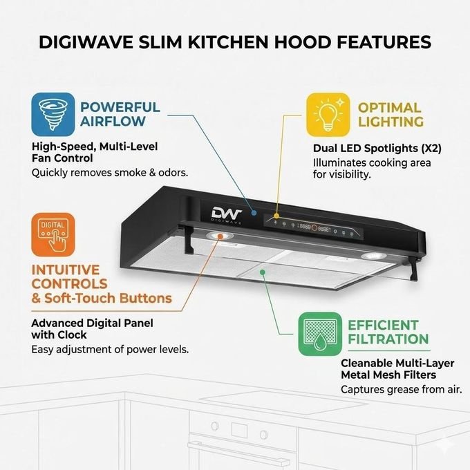 Digiwave Digital LED Screen 60cm Range Hood Kitchen Extractor