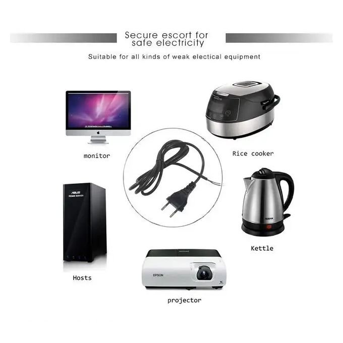 Multifunction 2-Pin EU Power Cable for Home and Office Electronics