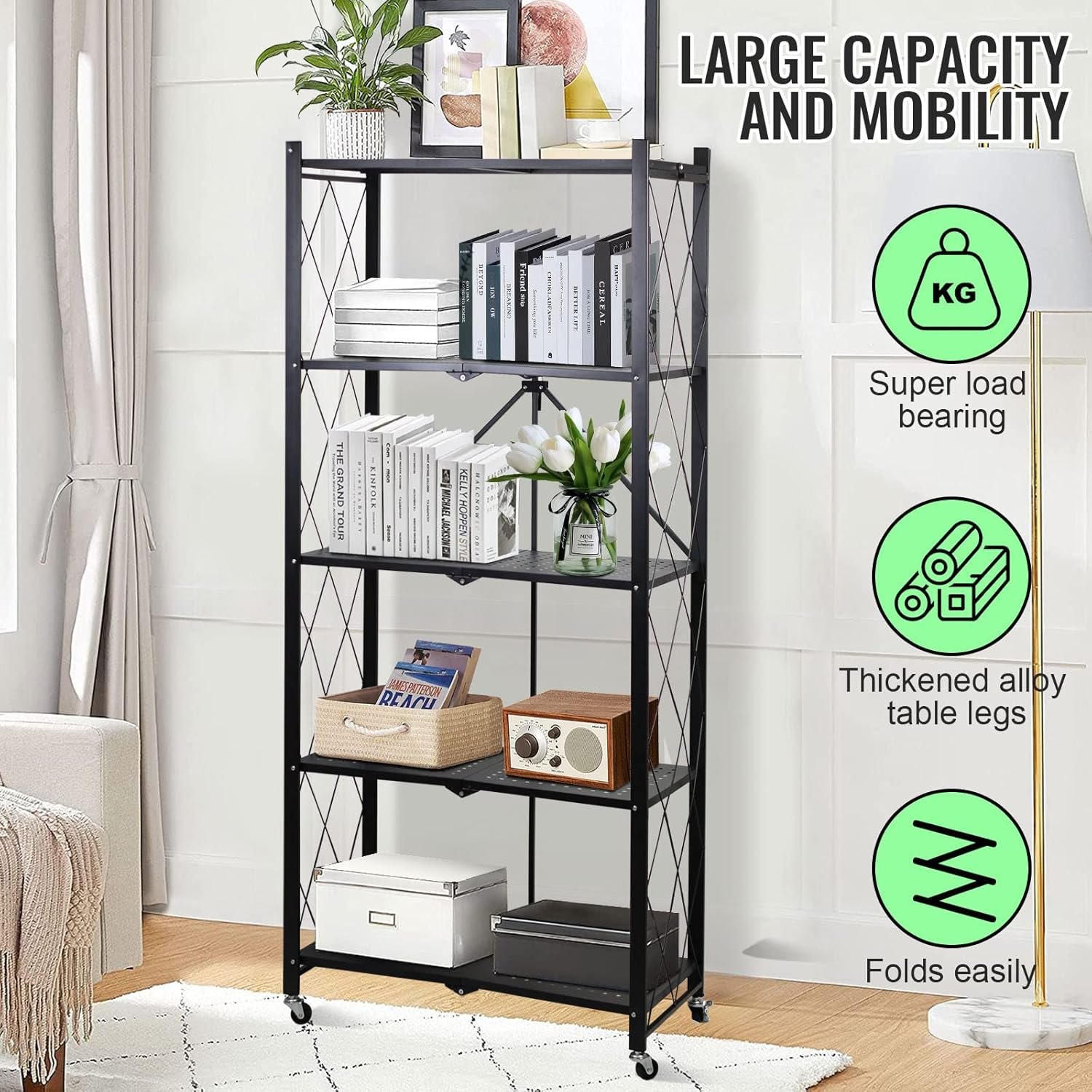 Foldable Shelves 5 Tier Storage Racks Kitchen Cabinet, Shelf Storage Multipurpose Rack
