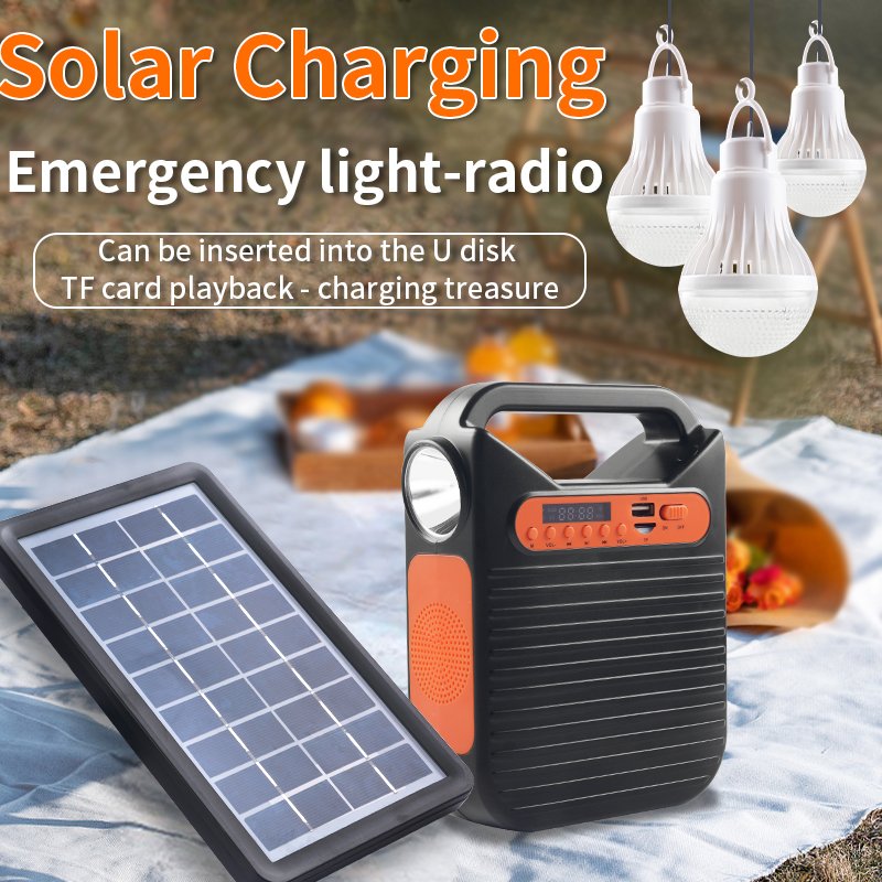 Solar Rechargeable LED  System With Fm Radio, USB,  Music, Charging Cables For Multifunctional Camping Light