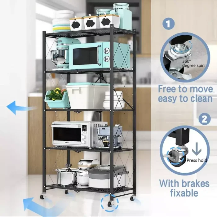 5 Layers Foldable Strong And Moveable Storage Kitchen Rack - Black