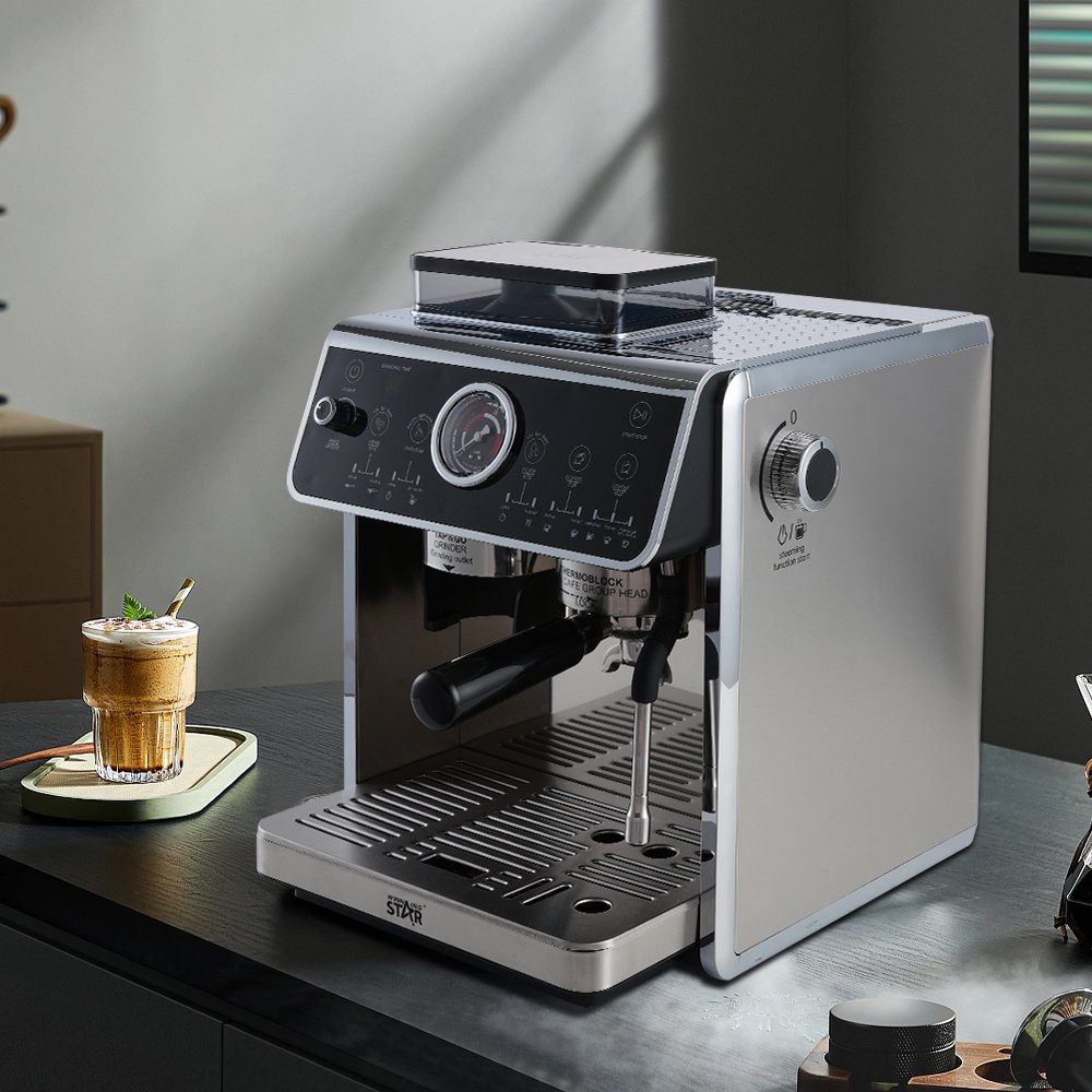 Winning Star ST-9714 20 Bar Semi-Automatic Espresso Coffee Machine with Grinder – Silver