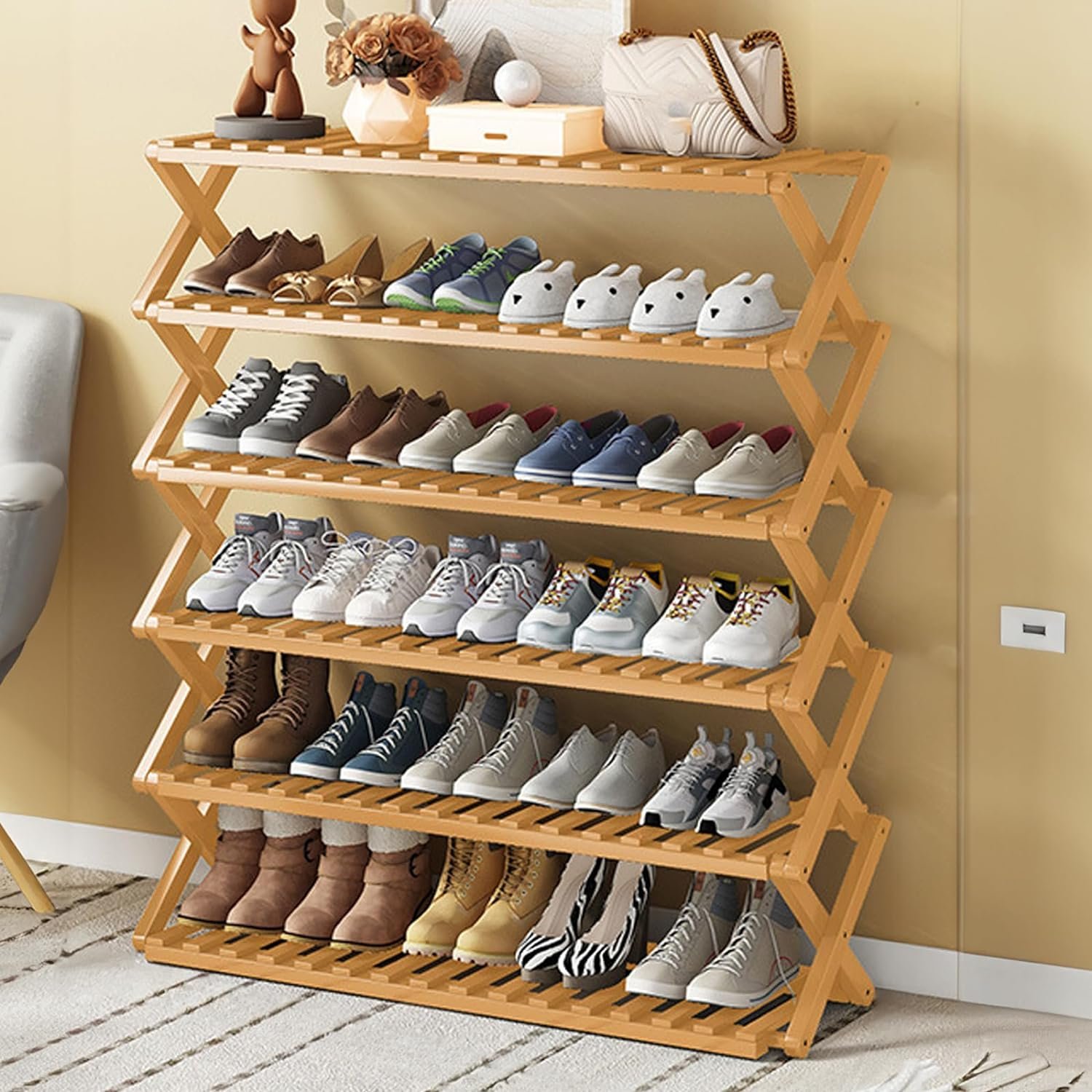 6 layers bamboo foldable shoe storage rack - Brown