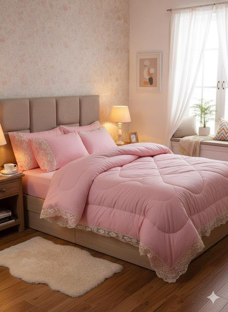 6x6 6pcs Laced Duvet Set With 1 Bedsheet, 2pillowcases,  2 Cushion Covers - pink