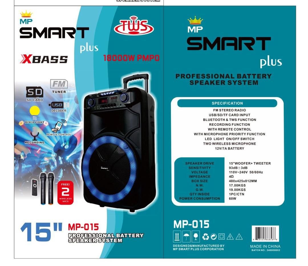 SMART plus High-Power 15" Woofer Trolley Speaker with 2 Wireless Microphones
