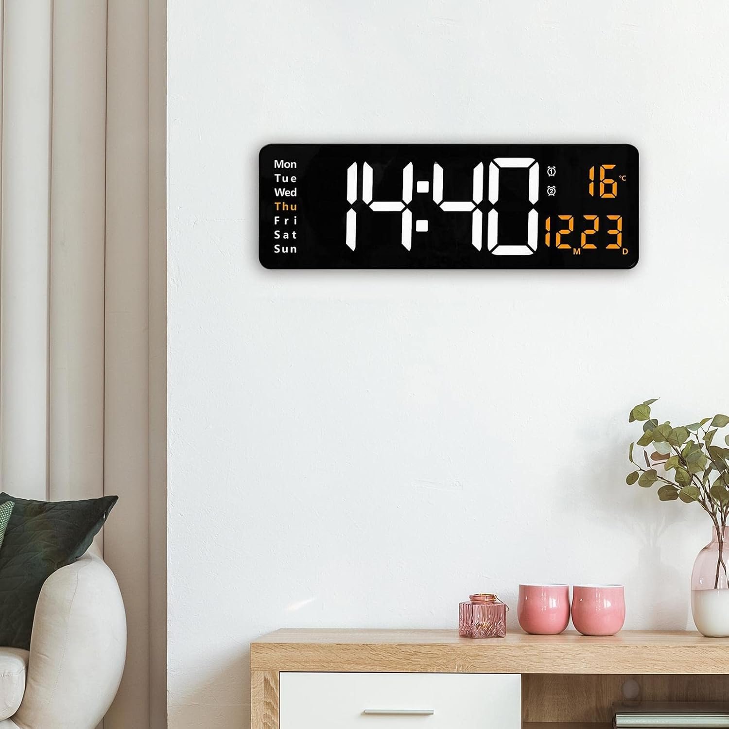 Digital LED Wall Clock - Time, Date, Temperature & Day Display with USB Power,