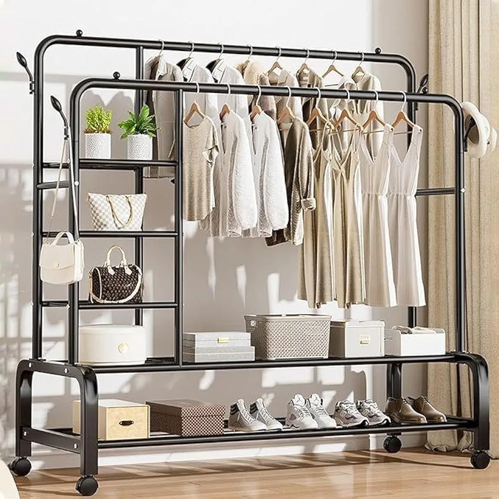 Portable Garment Rack Wide Clothes Rail with 2 Hanging Rails, 4 Hooks & Shelves – Black