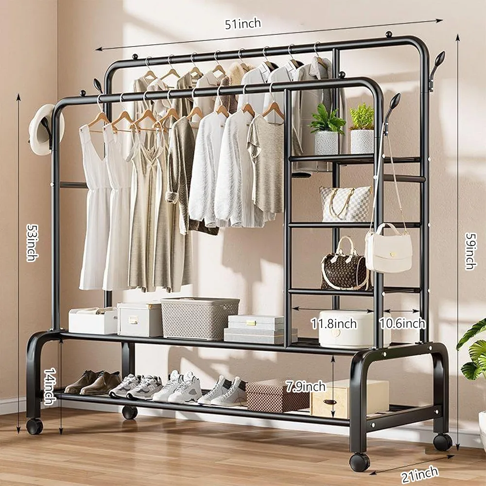 Portable Garment Rack Wide Clothes Rail with 2 Hanging Rails, 4 Hooks & Shelves – Black