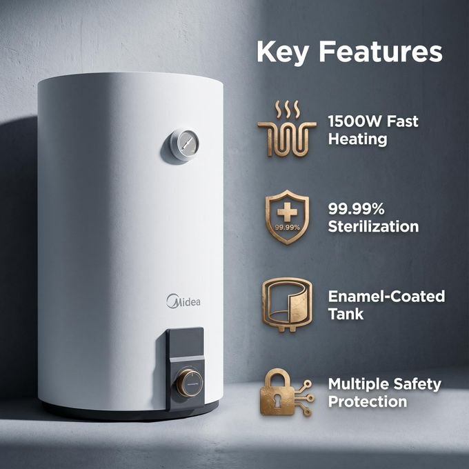 Midea 80L Electric Storage Water Heater – White, 7-Year Tank Warranty