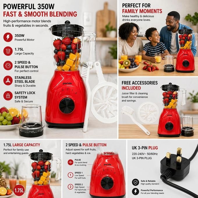 Panda 1.75L 2-in-1 Blender with Grinder – Red