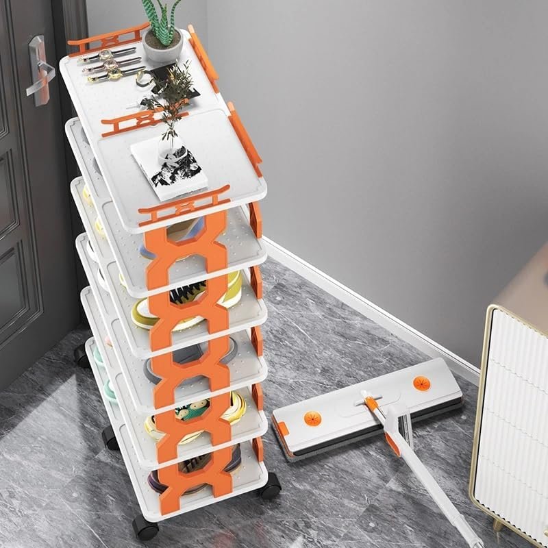 Multilayer Slim Shoe Rack with Wheels Double-Door Space-Saving Shoe Cabinet