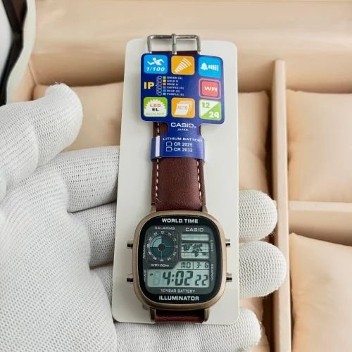 Casio Men's World Time Leather Strap Quartz Digital Watch - Brown