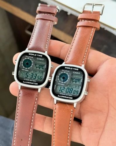 Casio Men's World Time Leather Strap Digital Watch - Brown