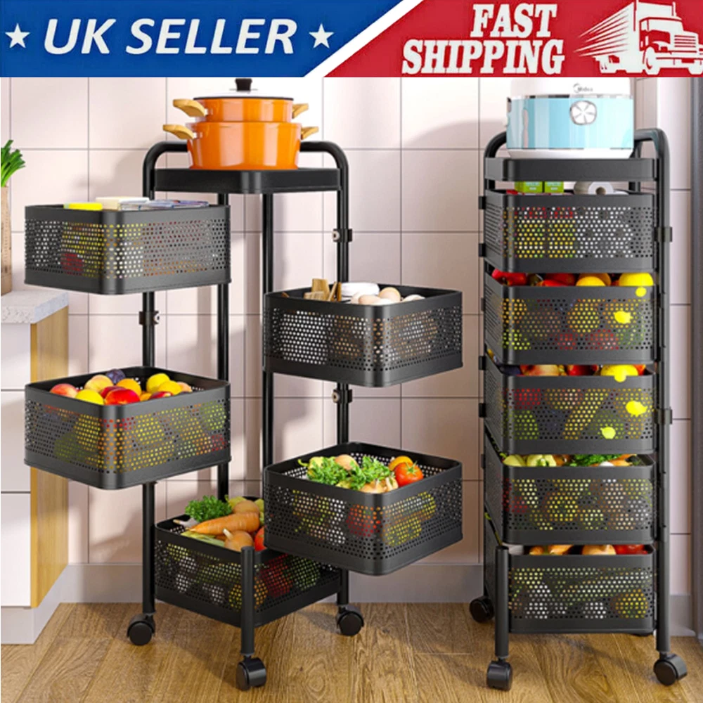 5 Tier Kitchen Rotating Trolley Shelf Vegetable Fruit Basket Storage Rack