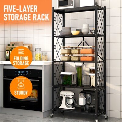 5 Layers Foldable Strong And Moveable Storage Kitchen Rack - Black